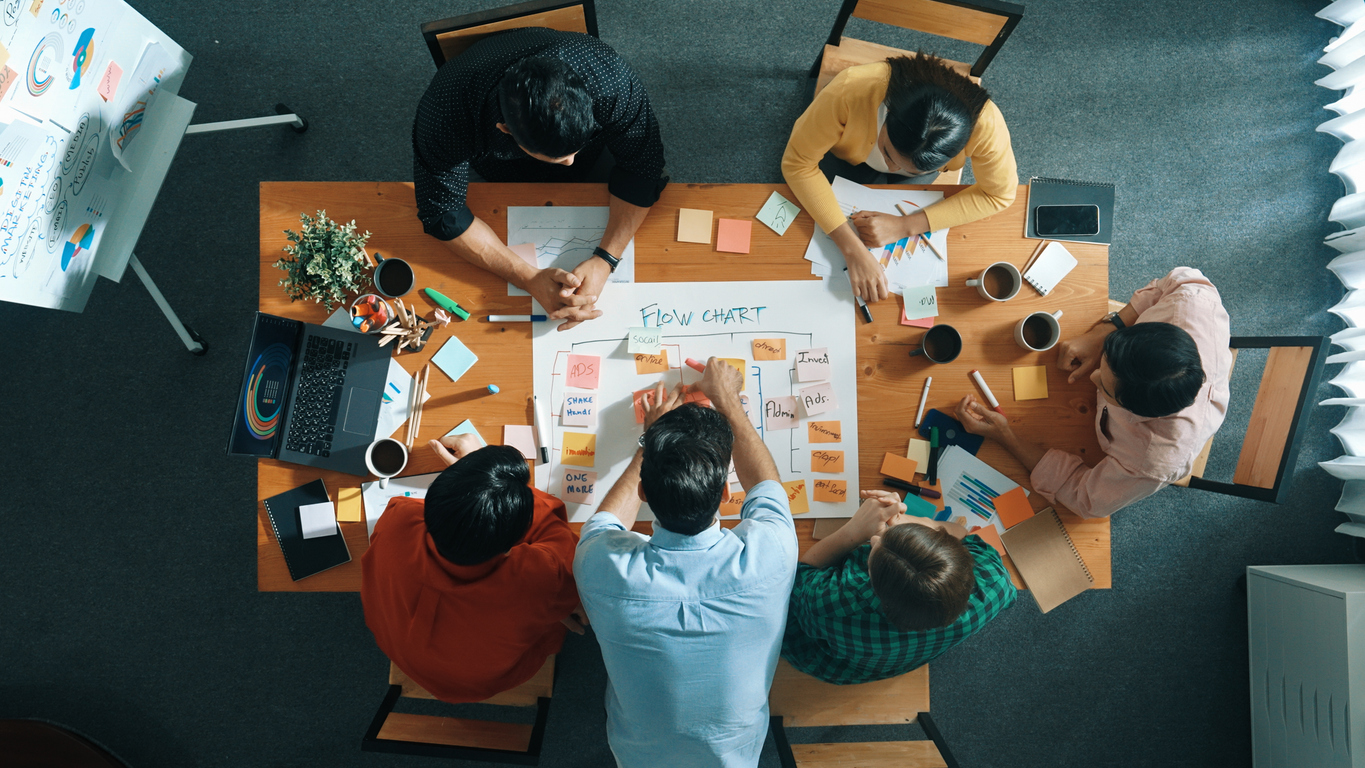 Overhead view of a team meeting around a table, going through the process of planning a project with clear pricing and achievable goals.